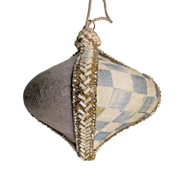 Mackenzie Childs Sterling Check Ornament Gray Velvet Patchwork Onion, Set of 4 - Picture 4 of 8